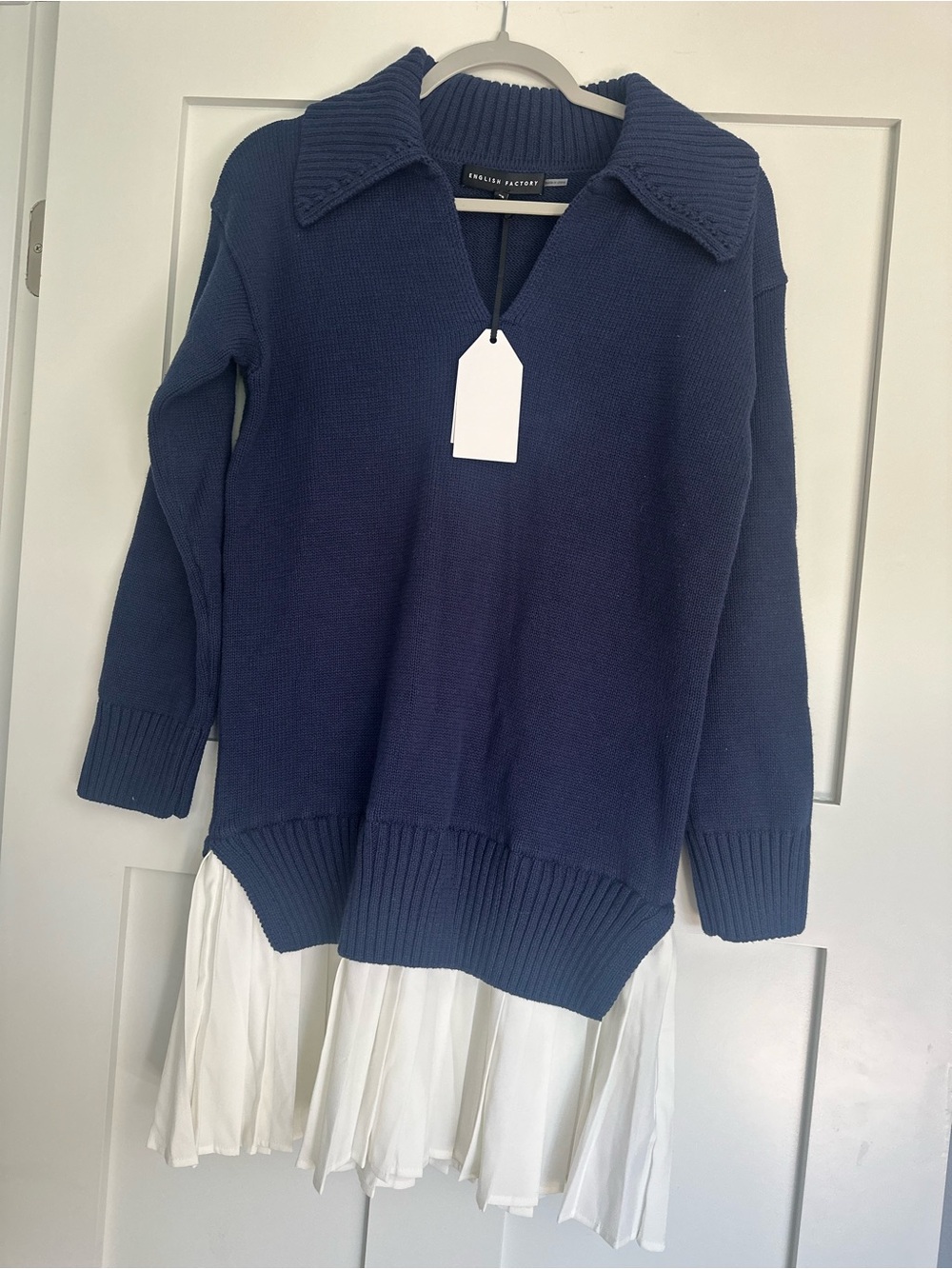 English Factory Navy Sweater Midi Dress with White Pleated Hem